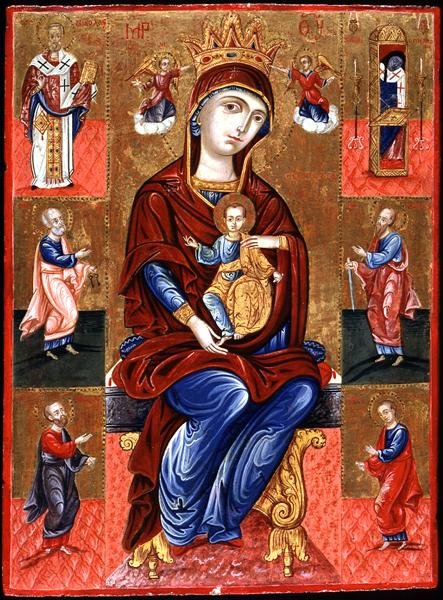 Panna Skopiotisa na trůnu s Kristem a šesti svatými, kolem 1700 (zlato a tempera na panelu) od Greek School