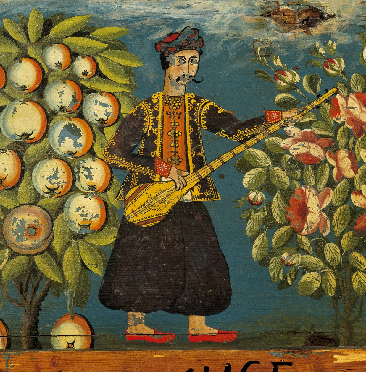 Detail hudebníka z truhly, z Mytilini, Lesbos, 18.-19. století (vaječná tempera na dřevě) od Greek School