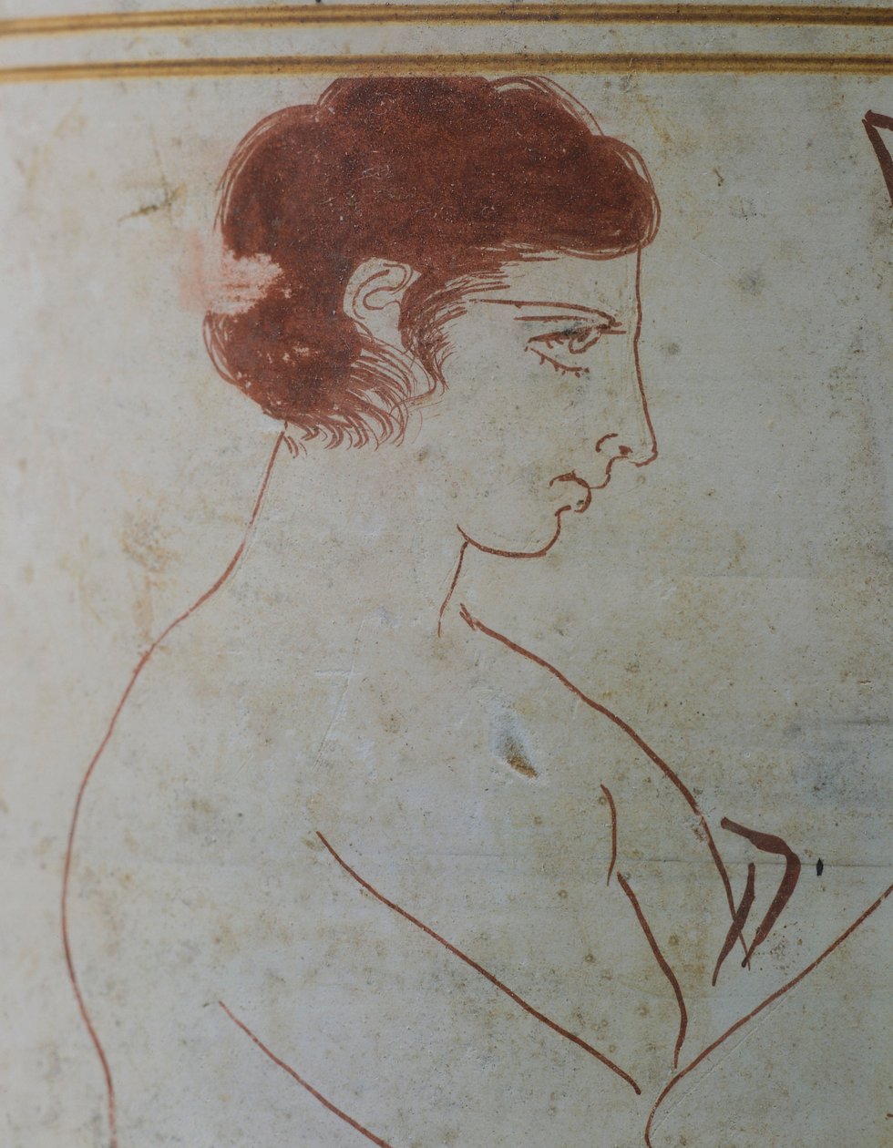 Podkrovní lekythos, zobrazující pohřební scénu válečníka sedícího před jeho hrobkou, 420-410 př. n. l., připisovaný malíři Parrhasiovi z Efesu, bílá keramika z Atén v Řecku. Detail. Řecká civilizace, 5. století před naším letopočtem. od Greek School