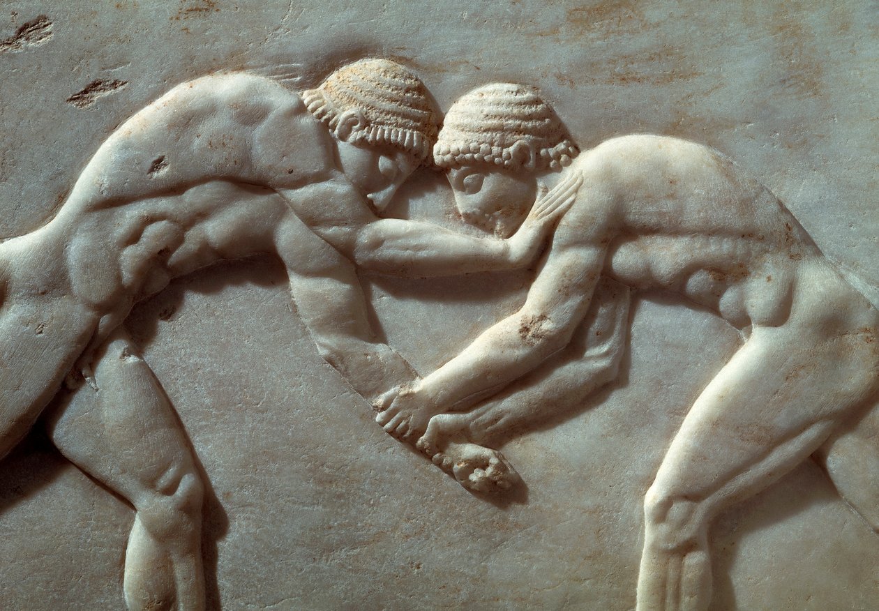 Soutěž mezi sportovci, reliéf z nekropole Kerameikos v Aténách, Řecko, Detail, řecká civilizace, 6. století před naším letopočtem od Greek School