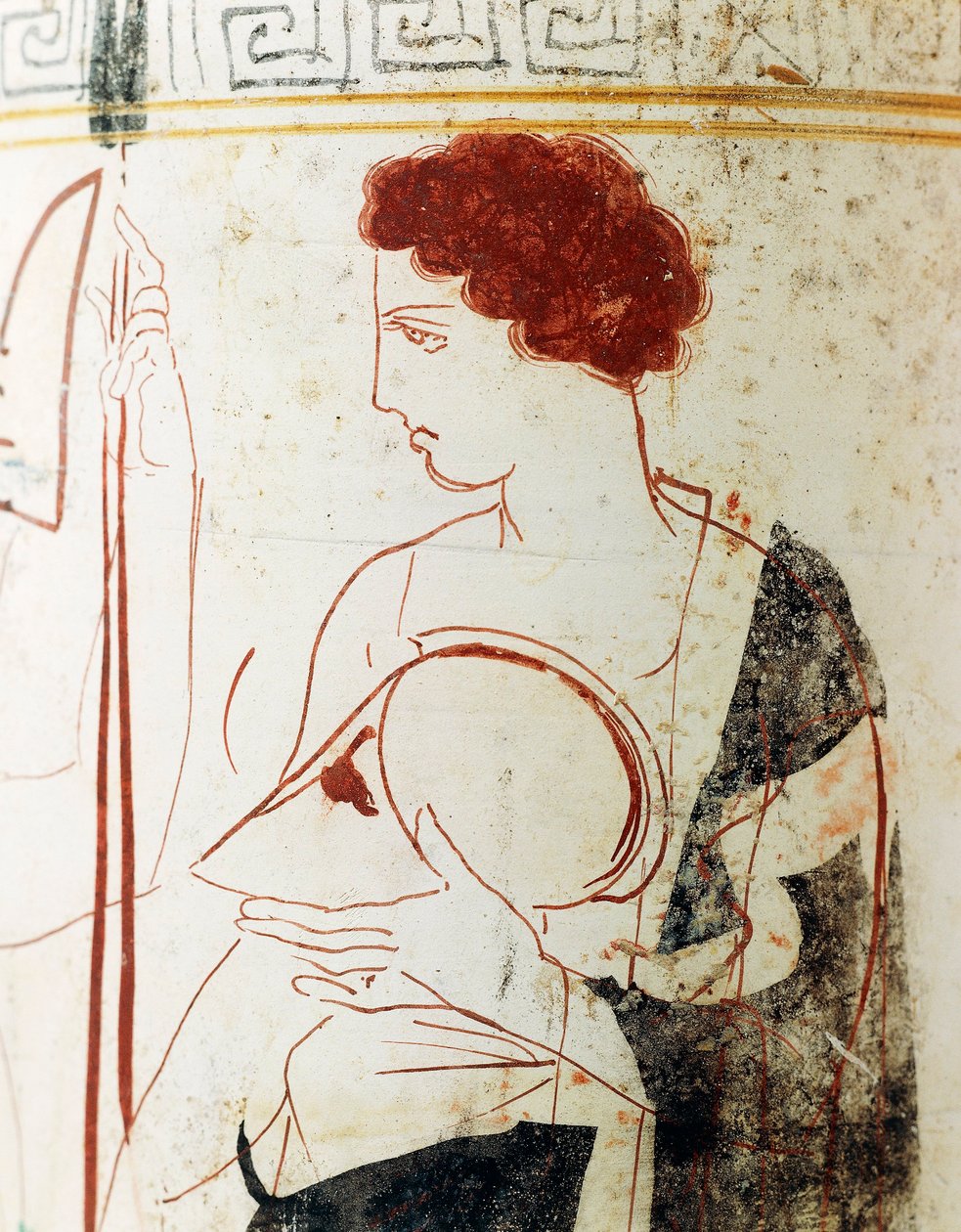 Bílá broušená keramika, půdní lekythos zobrazující pohřební scénu s válečníkem před hrobem, detail od Greek School