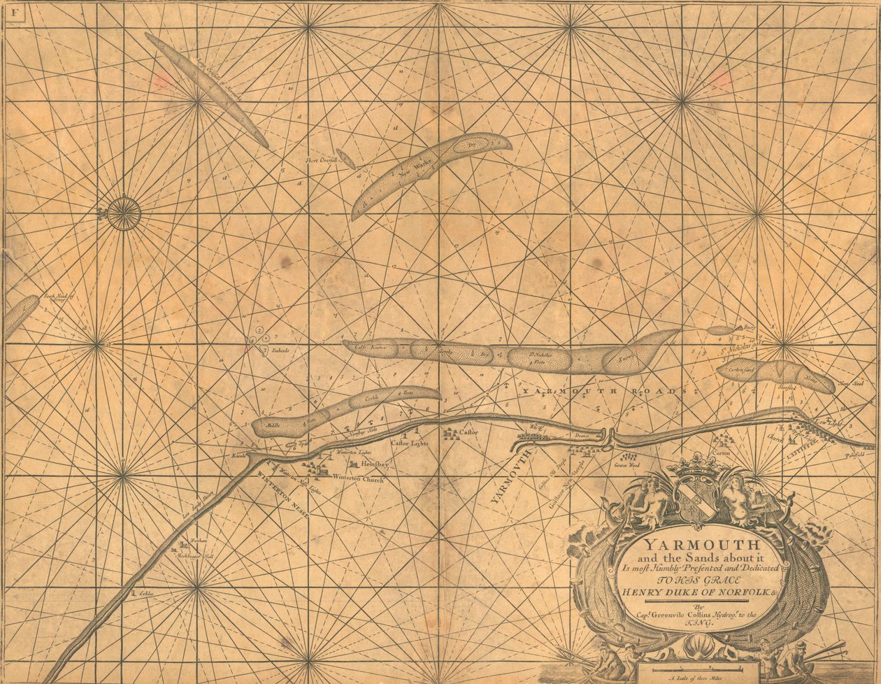 Mapa Yarmouthu a okolních písků, asi 1700 (kolorovaná rytina) od Greenvile Collins