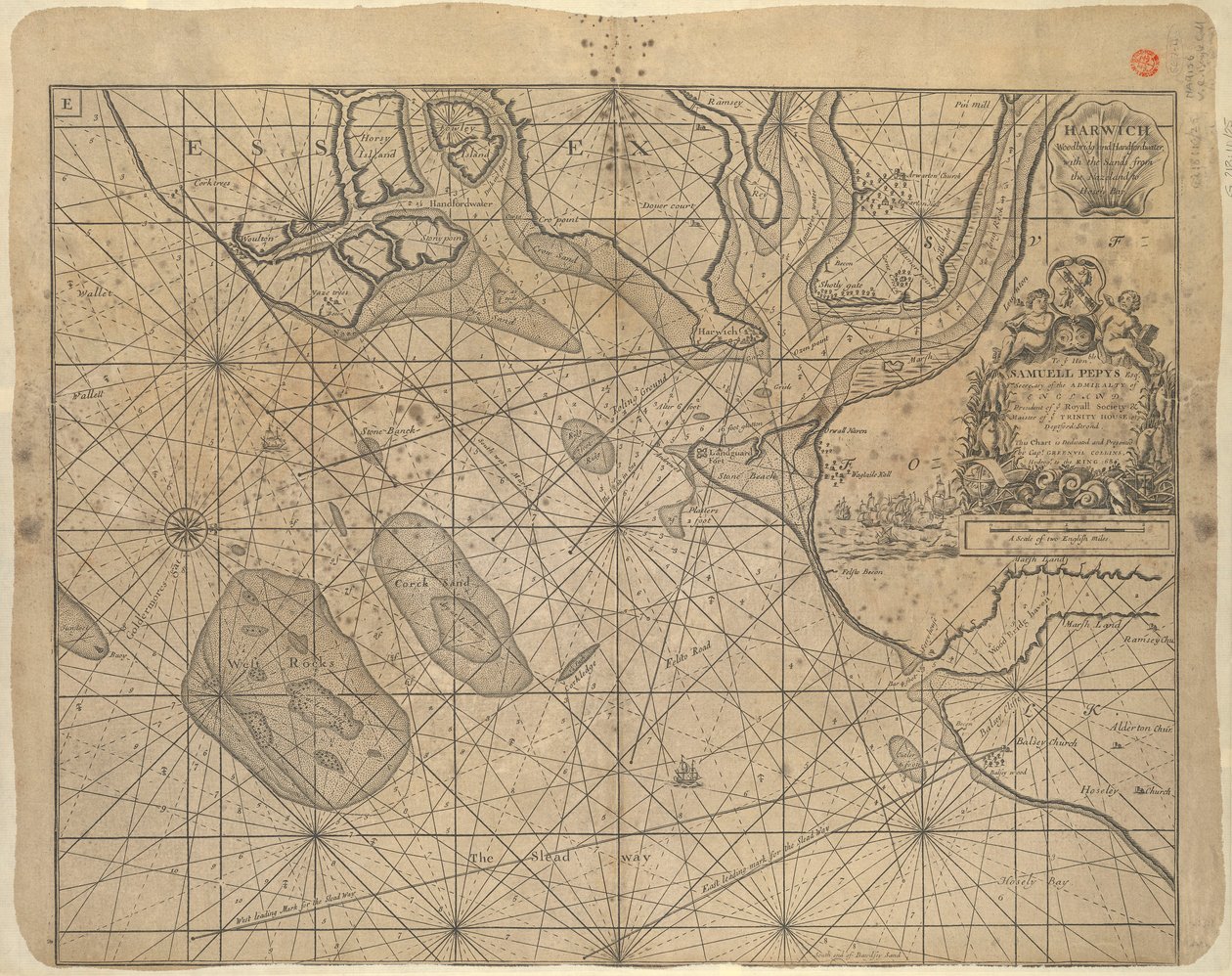 Mapa Severního moře věnovaná "Ye Honble Samuel Pepys Esq by Captain Greenvil Collins Hydrog to the King 1686". od Greenvile Collins