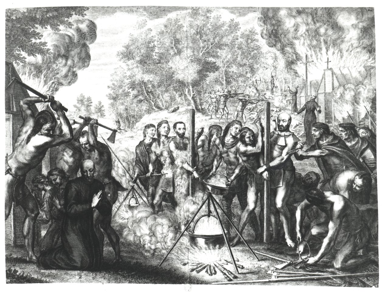 Smrt některých jezuitských otců v Nouvelle-France, z „Historiae Canadensis“ od Francoise Ducreuxe, vydané v roce 1664 od Gregoire Huret