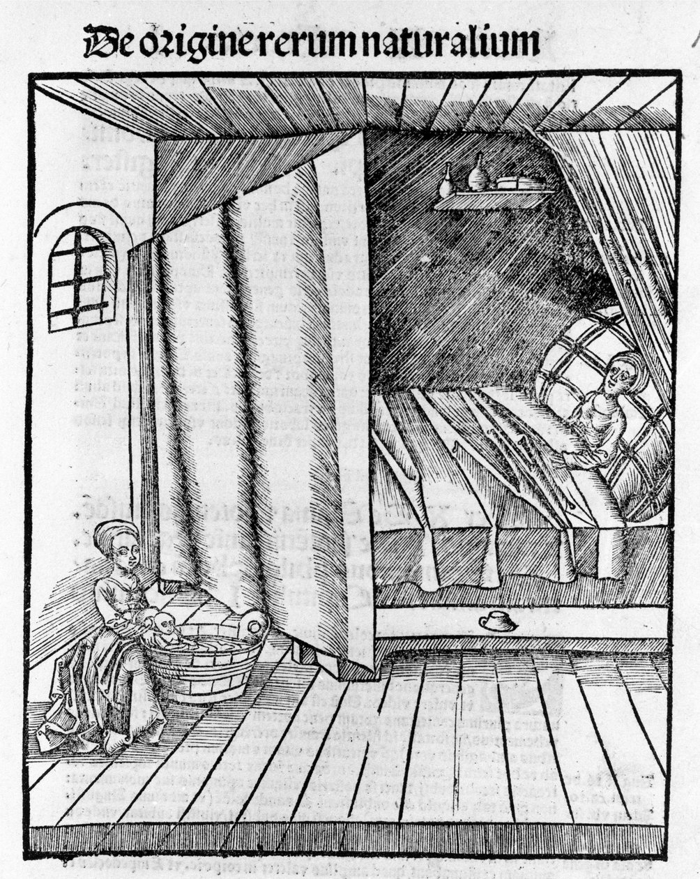 Porodní asistentka čistí nově narozené dítě, zatímco matka odpočívá. Rytina - v „“Margarita Philosophica““ od Gregora Reische (1467-1525), Basilej od Gregor Reisch