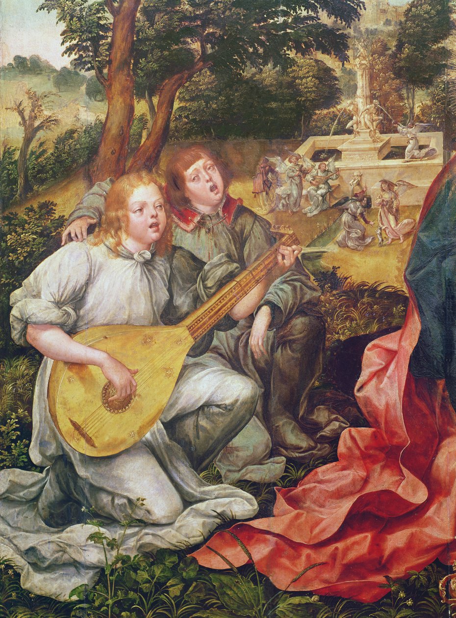 Panna a dítě s anděly, detail andělských hudebníků, 1536-38 od Gregorio Lopez