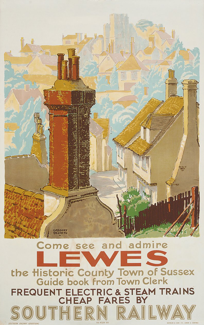 Lewes, reklamní plakát Southern Railway (barevné lito) od F. Gregory Brown