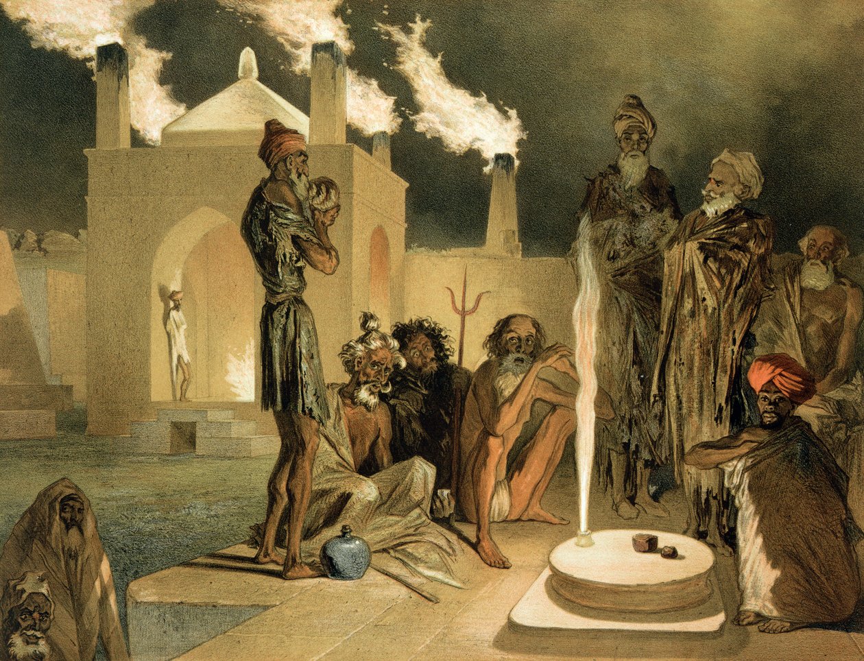 Ateseh-Gah, Indiáni oddaní kultu ohně, Baku, deska 44 z knihy o Kavkaze, vyryla Leroux, hospoda. Alfred Leon Lemercier, 1847 od Grigori Grigorevich Gagarin