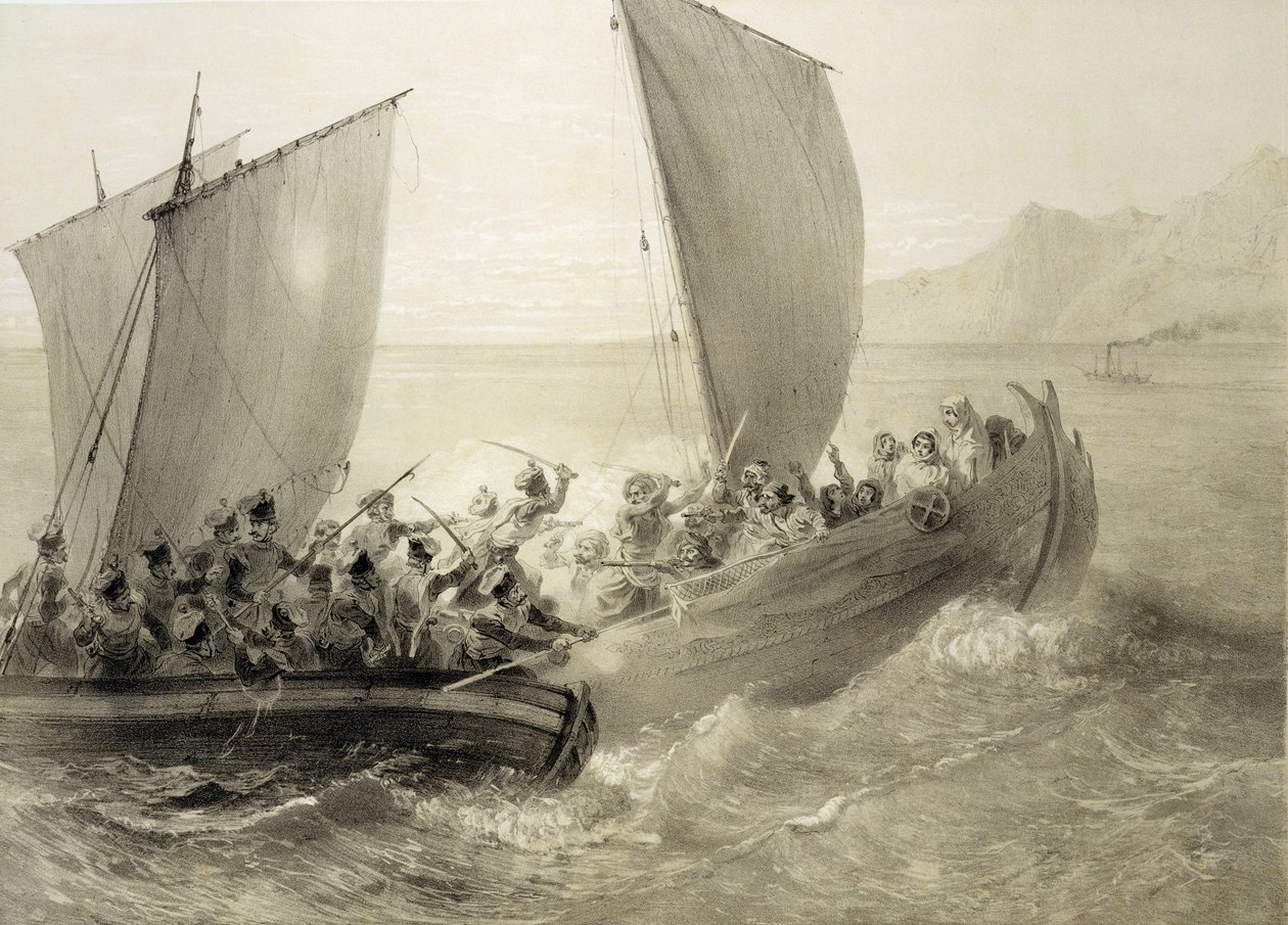 Azovští kozáci Nalodění na turecký korzár plný čerkesských žen na pobřeží Černého moře, vyrytý hospodou Adolphe Bayot (1810-66) a Leon Sabatier (fl.1827-87). Alfred Leon Lemercier, 1847 ( od Grigori Grigorevich Gagarin