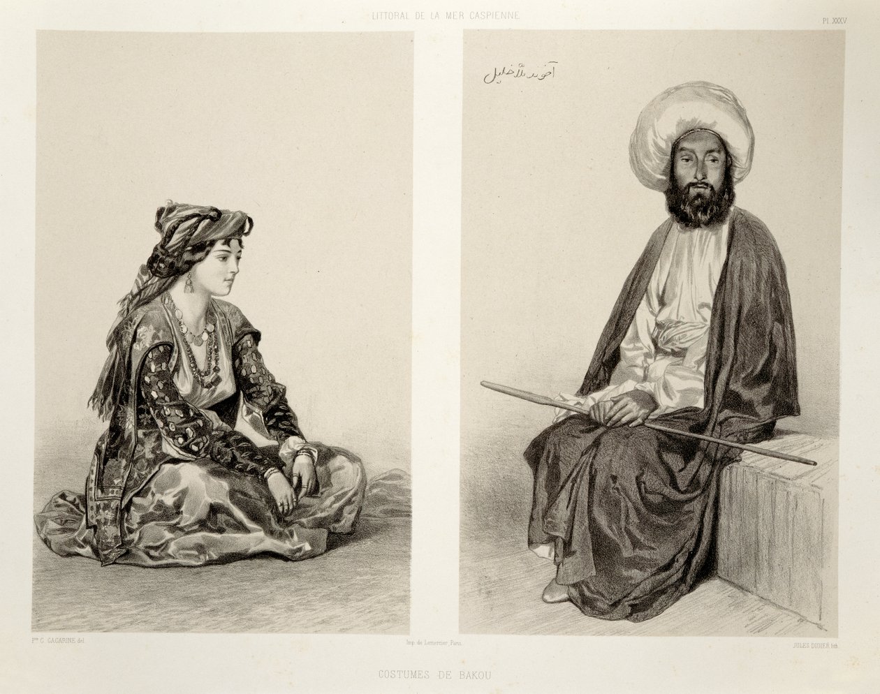 Kostýmy z Baku, Kaspické pobřeží, deska 35 z knihy o Kavkaze, ryl Jules Didier (1831-92), vydal Alfred Leon Lemercier, Paříž, 1847 od Grigori Grigorevich Gagarin
