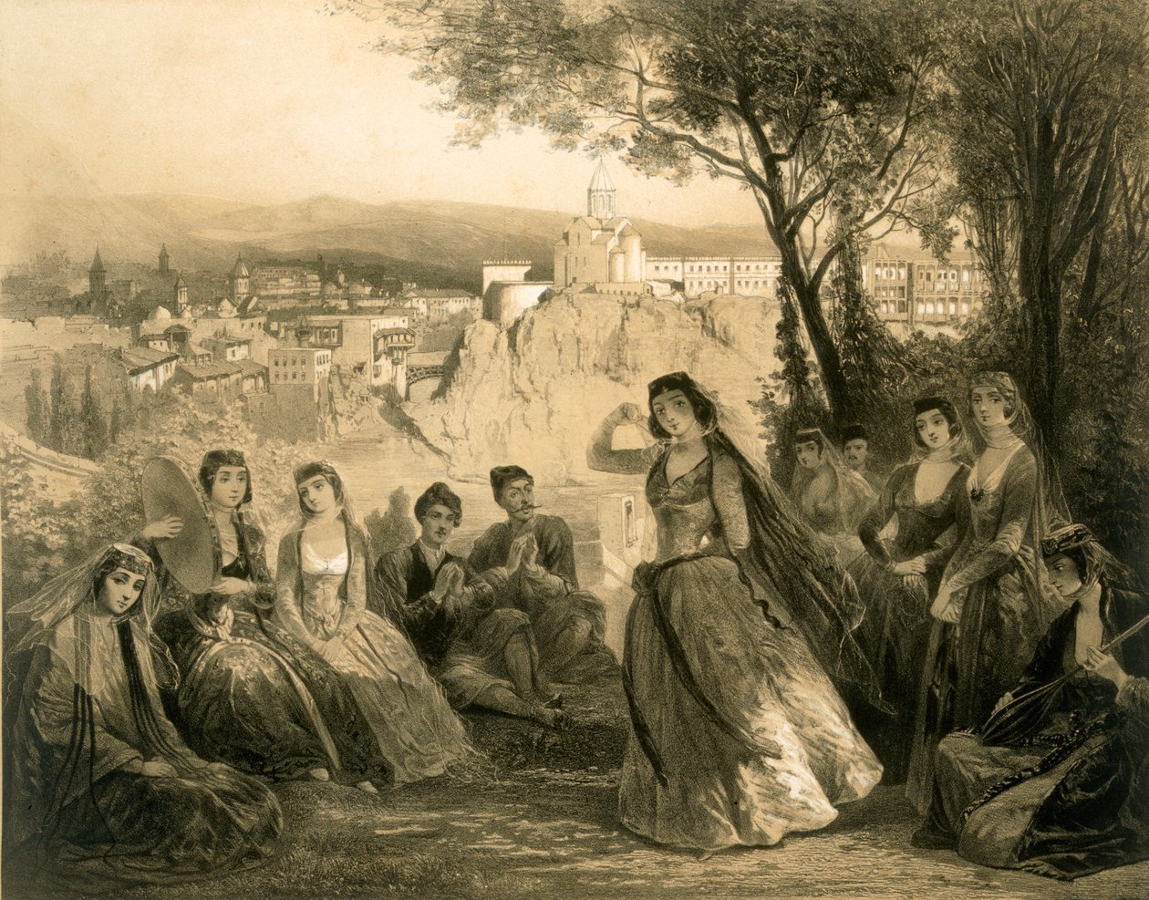 Zahrada u Tiflisu, Gruzie, deska 27 z knihy o Kavkazu, kterou vydal Alfred Leon Lemercier, Paříž, 1847. od Grigori Grigorevich Gagarin