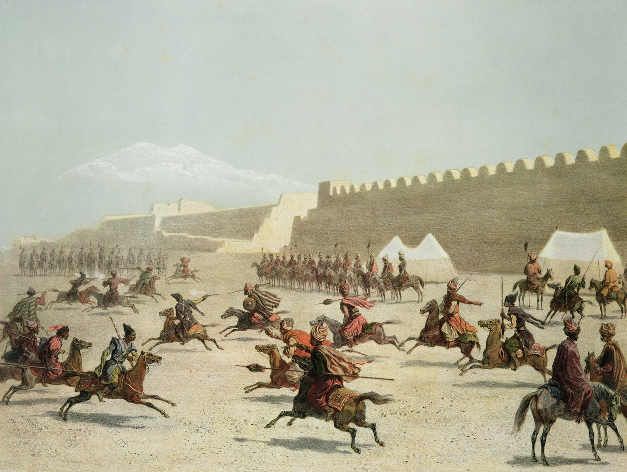 Kurdští a tatarští válečníci v Sadar Abbatu, Arménie, deska 15 z knihy o Kavkazu, Rayot a Jacottet, vydal Alfred Leon Lemercier, Paříž, 1847. od Grigori Grigorevich Gagarin