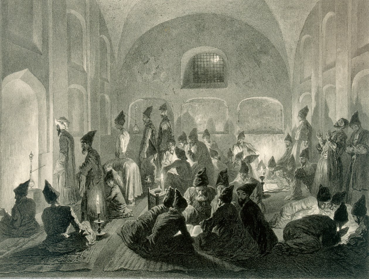 Perská mešita v Jerevanu, Arménie, noc během ramadánu, deska 19 z knihy o Kavkaze, vyrytá Eugenem Le Rouxem (1807-63), kterou vydal Alfred Leon Lemercier, Paříž, 1847 od Grigori Grigorevich Gagarin