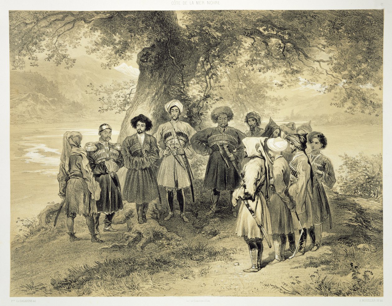 Shledání knížat Tcherkesse, údolí Sodja, u Černého moře, deska 3 z knihy o Kavkaze, vyryl Adolphe Mouilleron (1820-81), vydal Alfred Leon Lemercier, Paříž, 1847 od Grigori Grigorevich Gagarin