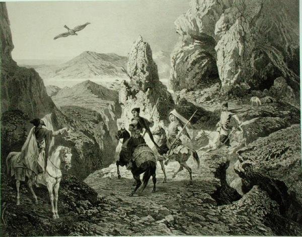 Lov na sokoly u Jerevanu, Arménie, deska 20 z knihy o Kavkaze, vyryl Eugene Ciceri (1813-90) a Adolphe Jean-Baptiste Bayot (1810-66), vydal Alfred Leon Lemercier, Paříž od Grigori Grigorevich (after) Gagarin