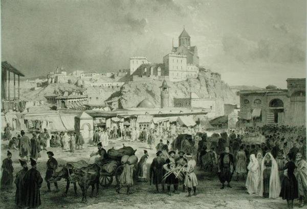 Bazaar na náměstí Maidan, Tiflis, Georgia, deska 25 z knihy o Kavkaze, vyryla Adolphe Jean-Baptiste Bayot (1810-66) a Eugene Ciceri (1813-90), vydal Alfred Leon Lemercier, Paříž od Grigori Grigorevich (after) Gagarin