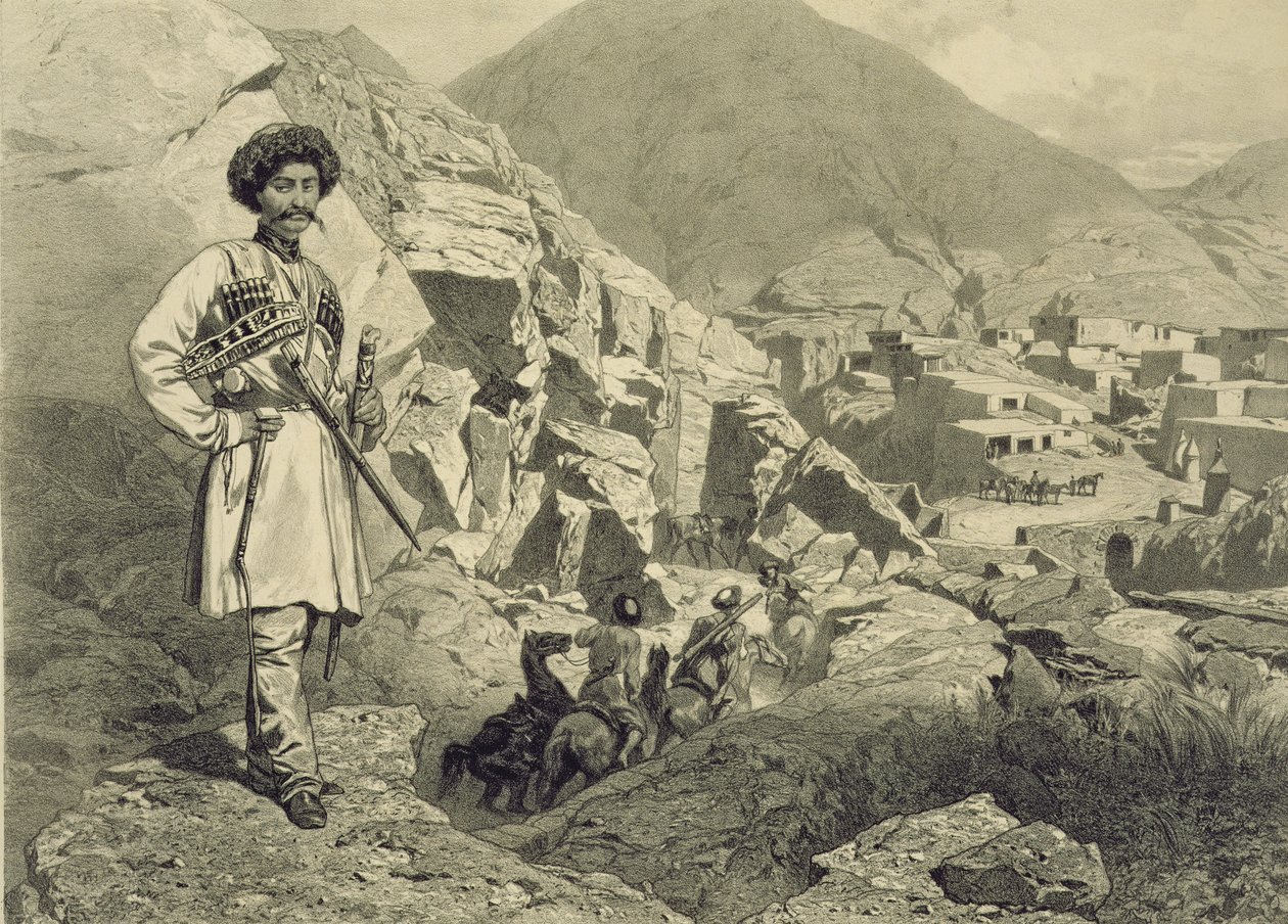 Příjezd do Tsatanykh, Dagestán, deska 12 z knihy o Kavkaze, vyryl Jules Didier (1831-92), vydal Alfred Leon Lemercier, Paříž, 1847 od Grigori Grigorevich Gagarin