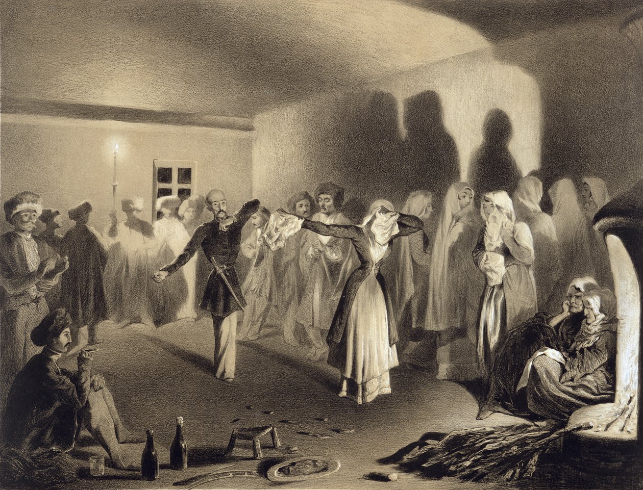 Taneční párty v Kagha-Choura, Dagestán, deska 55 z knihy o Kavkazu, vyryla Celestin Francois Nanteuil (1813-73), vydal Alfred Leon Lemercier, Paříž, 1847 od Grigori Grigorevich Gagarin