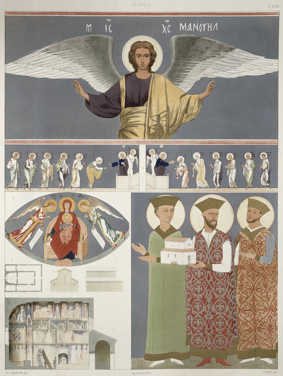 Fresky z pravoslavného kostela Nekrssi poblíž Dido, deska 48 z „Le Caucase pittoresque dessine apres nature“, s textem hraběte Ernesta Stackelberga, vydáno 1847 od Grigori Grigorevich Gagarin