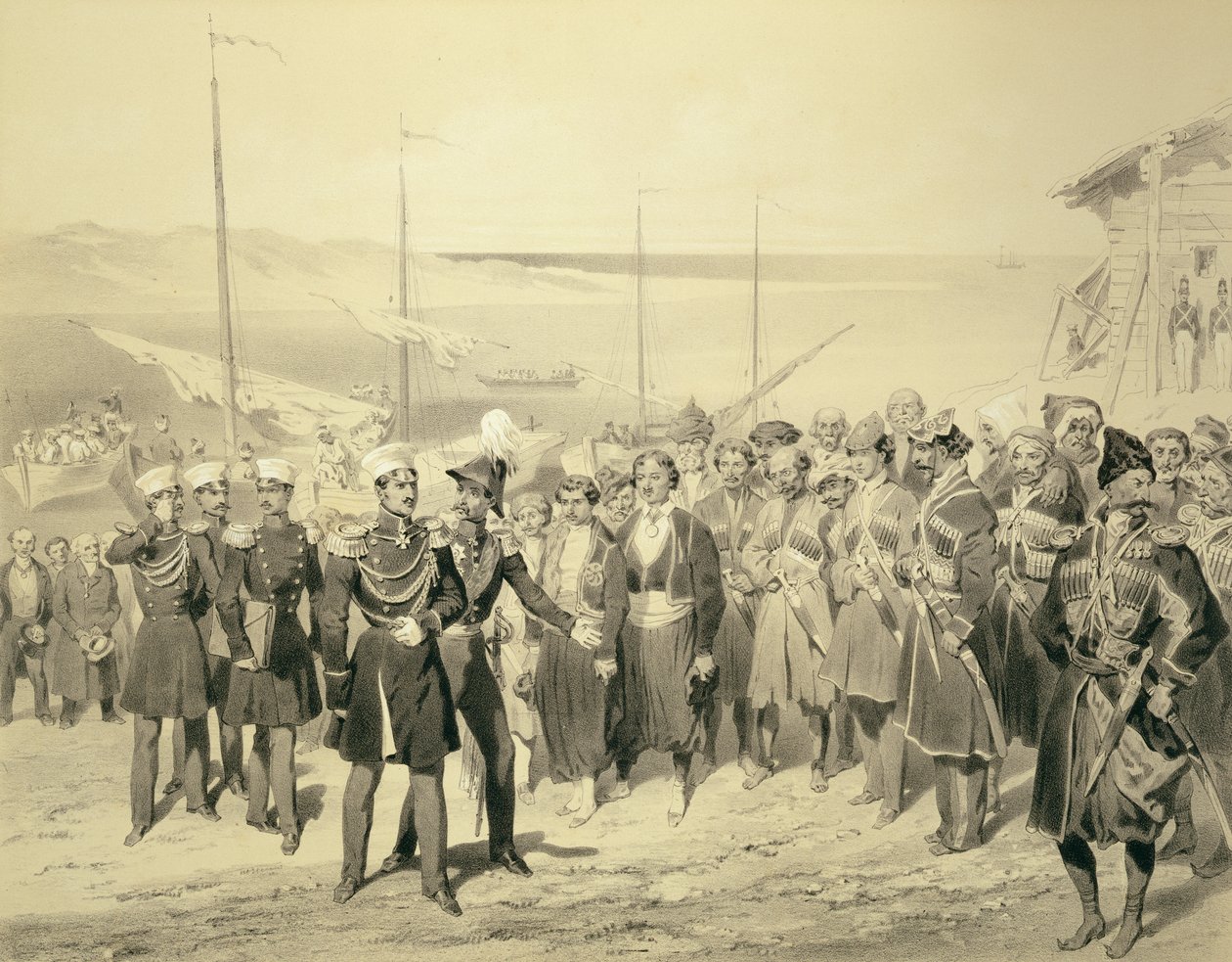 Vylodění vojenského vůdce v Redout-Kale u Černého moře, deska 5 z knihy o Kavkazu, vyryté Adolphem Jean-Baptistem Bayotem (1810-66), vydané Alfredem Leonem Lemercierem, Paříž, 1847 (l od Grigori Grigorevich Gagarin