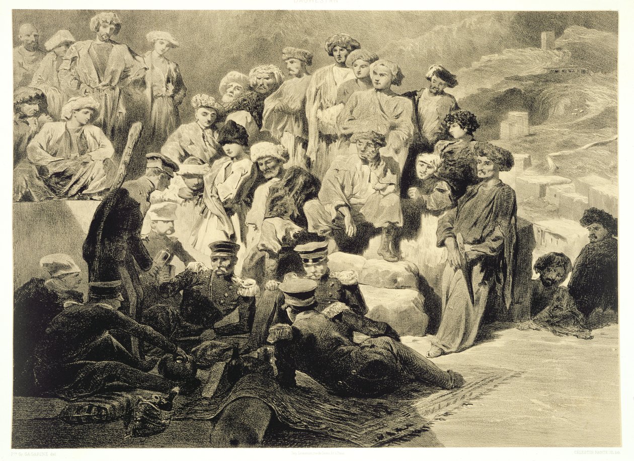 Military Meal in the Ruins at Sioukh, Dagestán, deska 69 z knihy o Kavkaze, vyryla Celestin Francois Nanteuil (1813-73), vydal Alfred Leon Lemercier, Paříž, 1847 od Grigori Grigorevich Gagarin