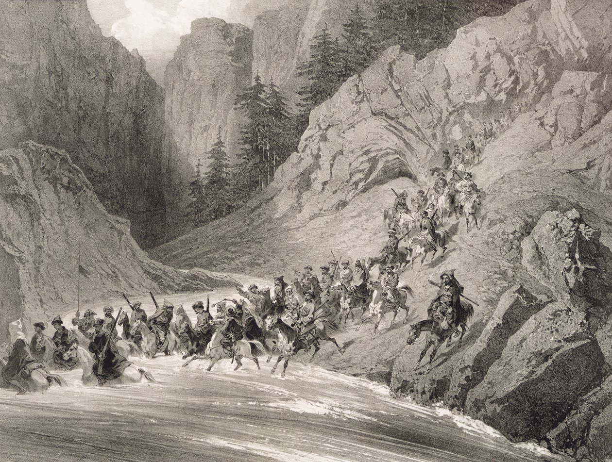 Tcherkersseians na nájezdu u Černého moře, deska 4, z knihy o Kavkaze, vyryl Eugene Ciceri (1813-90) a Adolphe Jean-Baptiste Bayot (1810-66), vydal Alfred Leon Lemercier, P od Grigori Grigorevich Gagarin