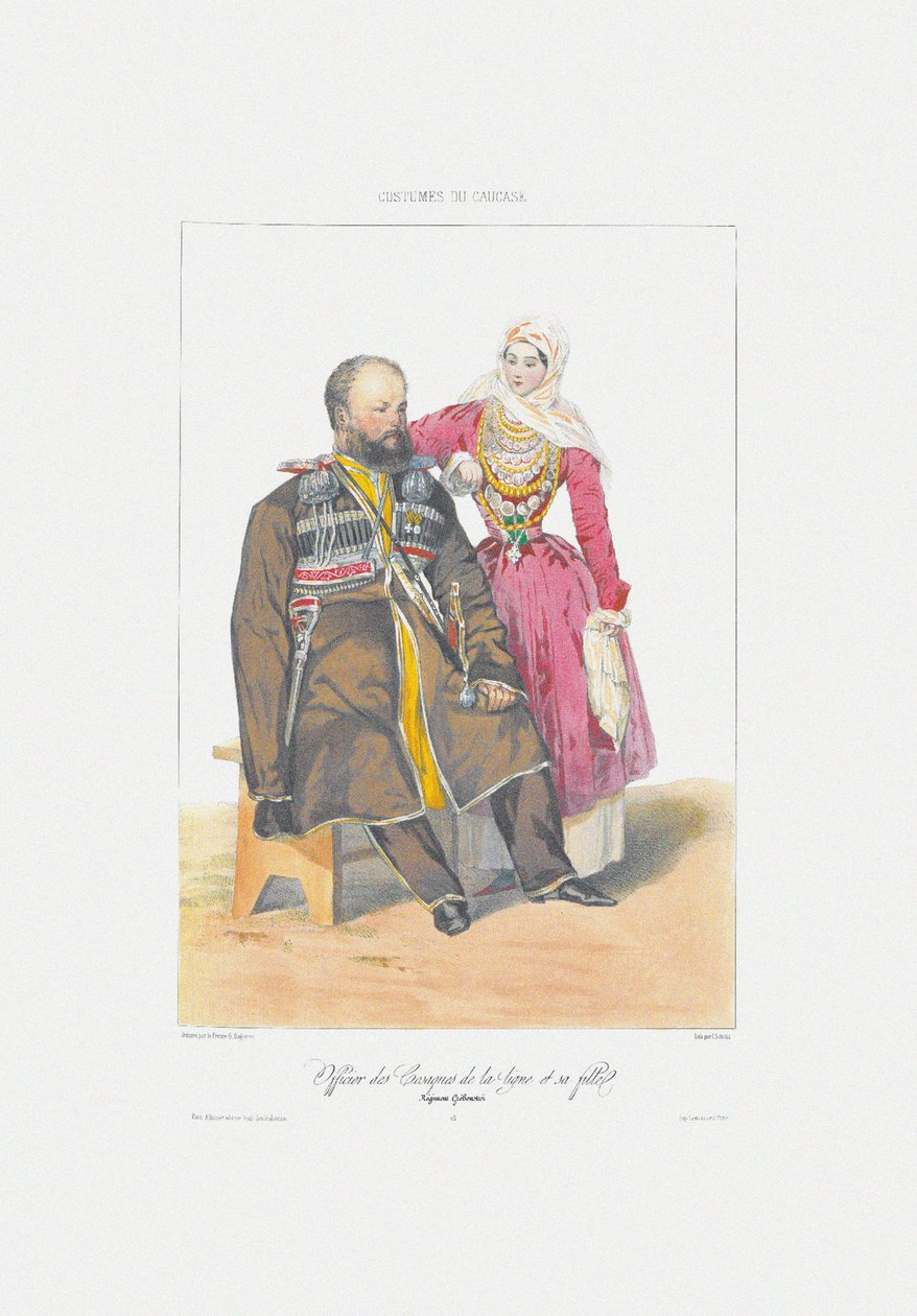 Terek Cossack with Daughter From: Scény, paysages, meurs et Kostýmy du Caucase, 1840 od Grigori Grigorevich Gagarin
