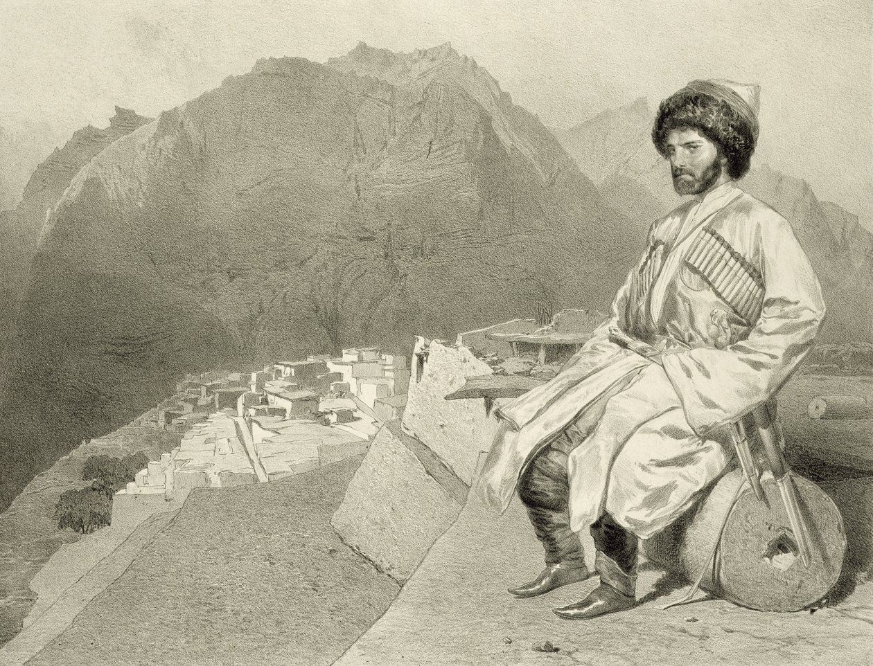 Pohled na Ghimri a Portrét Hadji-Mourada, deska 66 z knihy o Kavkaze, vyryl Jules Joseph Augustin Laurens (1825-1901) a Eugene Ciceri (1813-90) od Adolphe Mouillerona (1820-81), pu od Grigori Grigorevich Gagarin