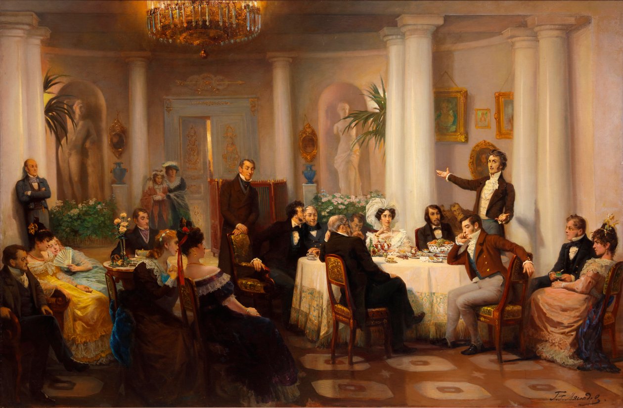Puškin a jeho přátelé poslouchají Adama Mickiewicze v salonu princezny Zinaidy Volkonské, 1899 od Grigori Grigorievich Mjasoedov