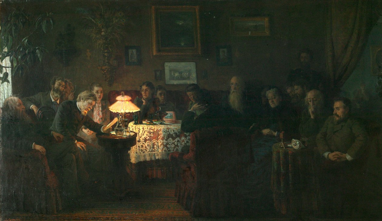 Čtení novely Kreutzerova sonáta v Domě Lva Tolstého, 1889 od Grigori Grigorievich Mjasoedov
