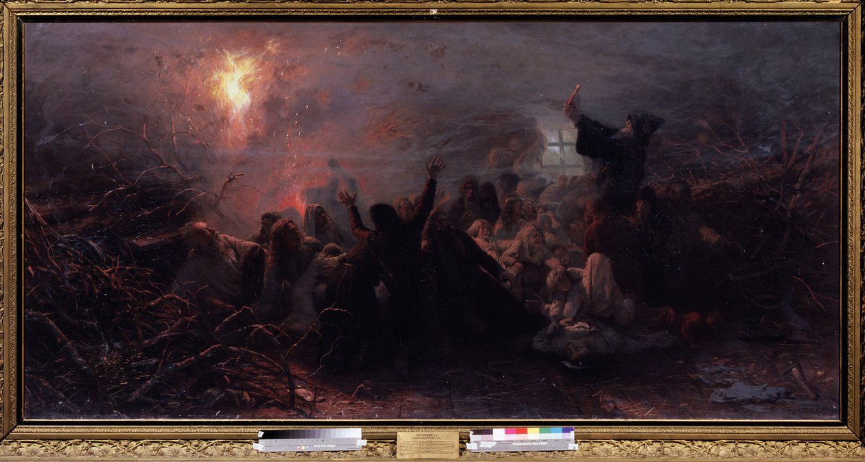 Sebeupálení. Epizoda raskol (neboli schizmatu) pravoslavné církve v letech 1666-1667, kdy se na znamení protestu proti reformám moskevského patriarchy zapálili někteří staří věřící ve strachu z konce e od Grigori Grigoryevich Myasoedov