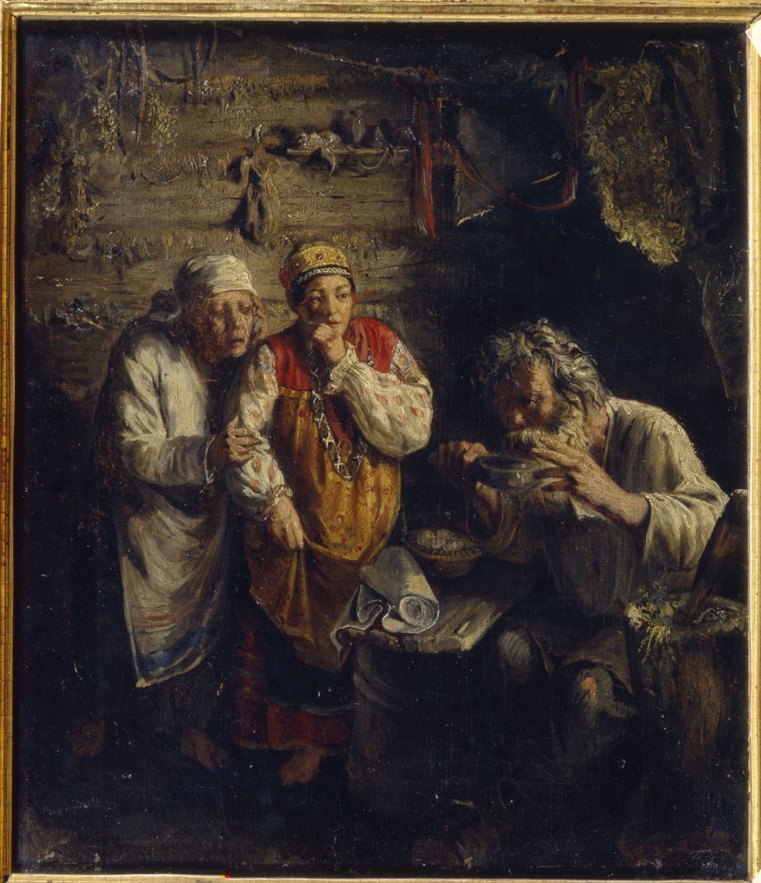 Léčitel (Witch Doctor). V chudé, venkovské chatrči dvě bosé ženy oblečené ve folklórních šatech úzkostlivě sledují starého muže, jak popíjí bylinný lék, vedle něj paličku na přípravu léčivých směsí. od Grigori Grigoryevich Myasoedov