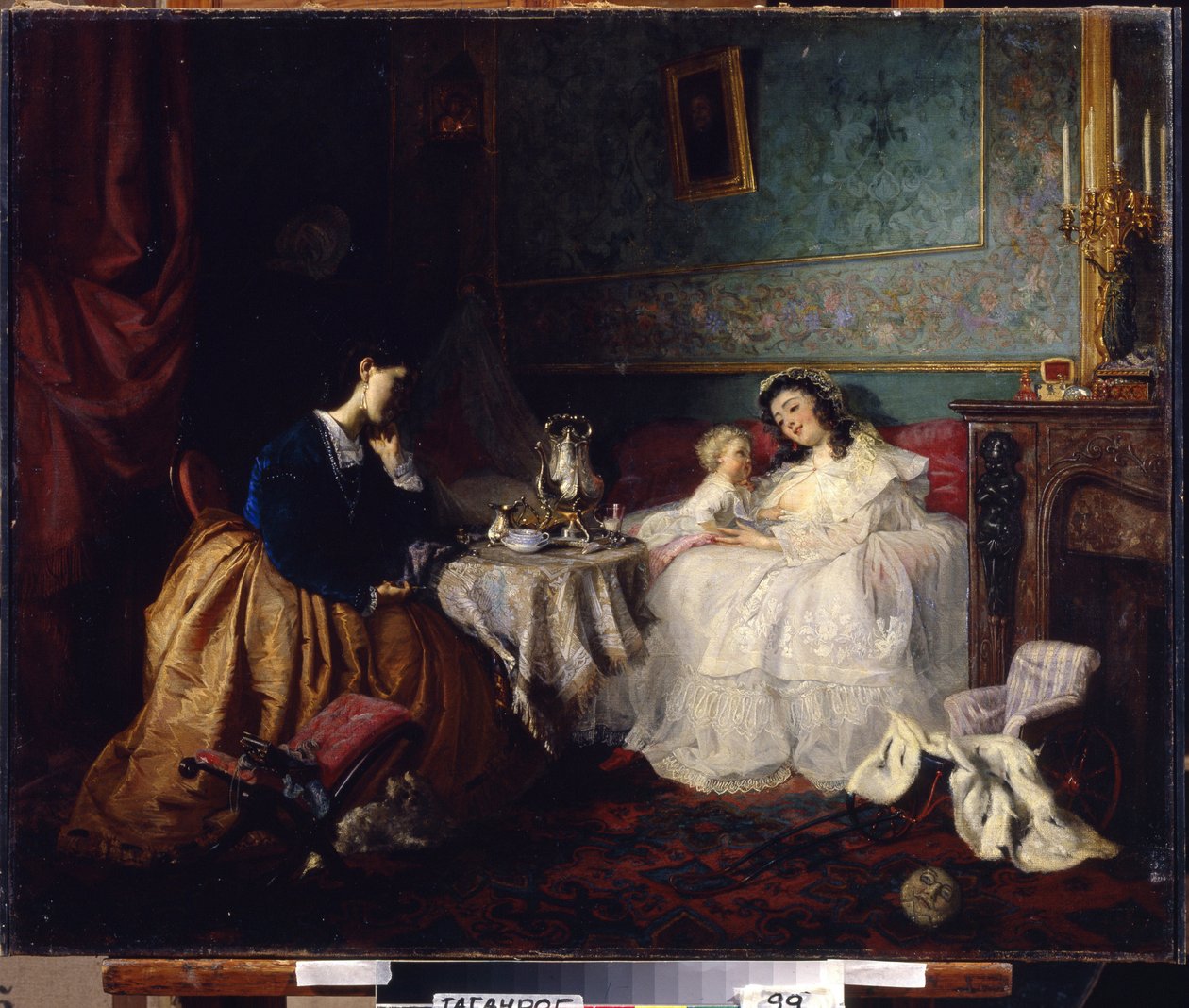 Jiné štěstí (The Other Luck). Scéna rodinného života, zobrazení vztahu a mateřské lásky. Obraz Grigorije (Grigoriy, Grigory) Grigoryevich Myasoyedov (Myasoedov, Miasoedov) (1834-1911), olej na plátně od Grigori Grigoryevich Myasoedov