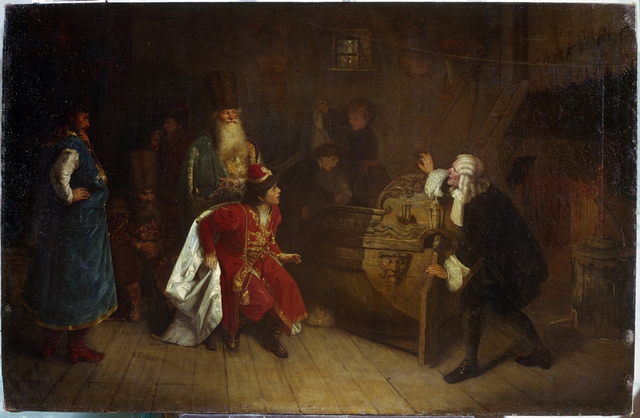 Dědeček ruské flotily. (Dědeček ruské flotily). Scéna z dětství Petra I. Velikého (1672-1725), v domě svého dědečka Nikity Romanova (?), objevil anglickou kánoi, u zrodu jeho vášně pro navigaci. Vymalováno od Grigori Grigoryevich Myasoedov