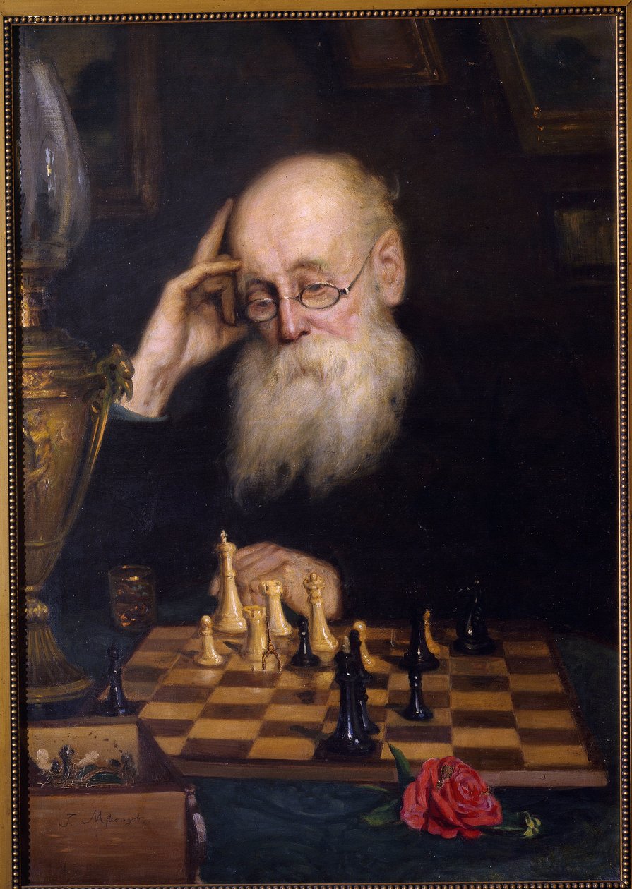 Šachy proti sobě (Šachy se sebou samým). Obraz Grigorije (Grigoriy, Grigory) Grigoryevich Myasoyedov (Myasoedov, Miasoedov) (1834-1911), olej na plátně od Grigori Grigoryevich Myasoedov
