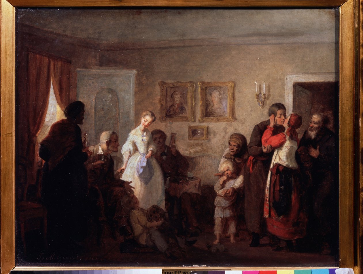 Gratulujeme novomanželskému páru v zámku. (Gratulujeme novomanželům v panském domě). Obraz Grigorije (Grigoriy, Grigory) Grigoryevich Myasoyedov (Myasoedov, Miasoedov) (1834-1911), olej na plátně od Grigori Grigoryevich Myasoedov