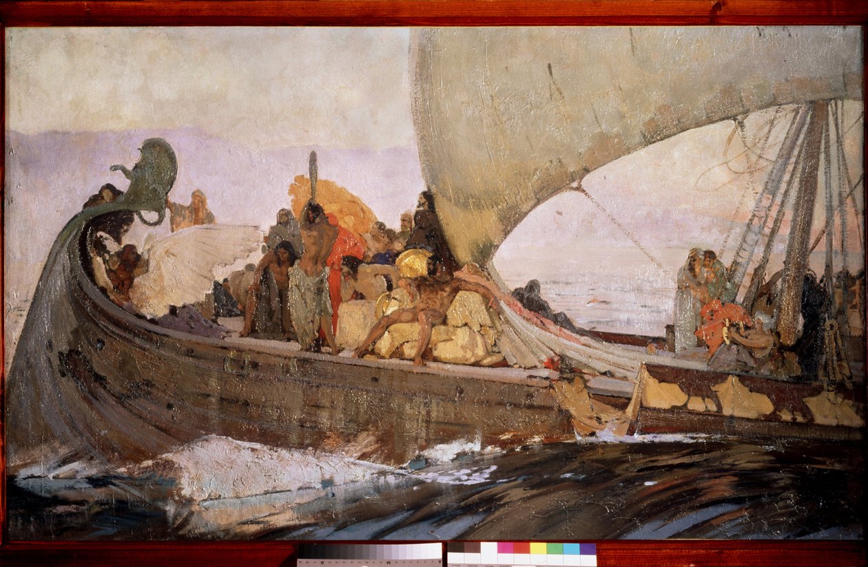 Výlet Minojců. Naloďte se vyplout z Kréty. Obraz Ivana Grigorjeviče Mjasojedov (Miasoyedov, Miasoyedov) (1881-1953), olej na plátně od Grigori Grigoryevich Myasoedov