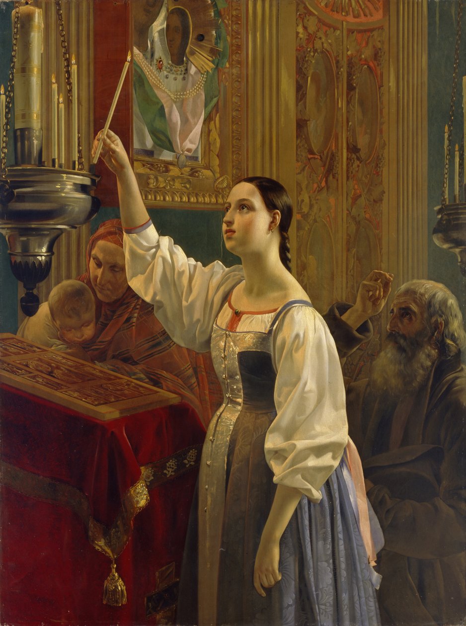 Dívka položila svíčku před ikonu, 1842 od Grigori Karpovich Mikhaylov