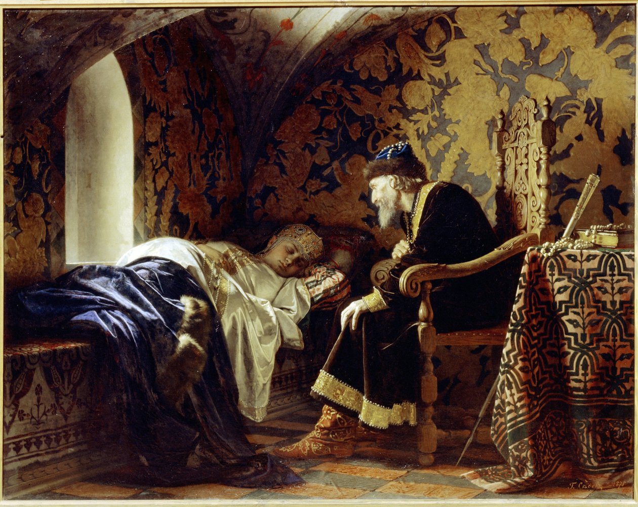Vasilissa Melentieva (zemřela 1579) a car Ivan IV. Hrozný (1530-1584). (Vasilisa Melentyevna a car Ivan Hrozný). Mladá a krásná žena, šestá manželka cara, spí na lavičce pod něžným pohledem Ivana Terr. od Grigori Semenovich Sedov