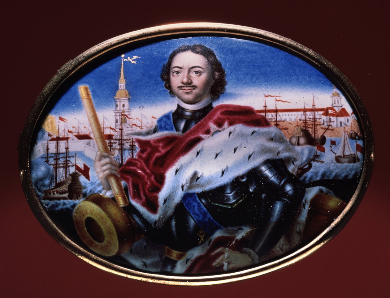 Portrét císaře Petra I. Velikého (1672-1725) s výhledem na pevnost svatého Petra a Pavla v Petrohradě. (Portrét císaře Petra I. s pohledem na Petropavlovskou pevnost v Petrohradě). Kresba Grigorije Semjonoviče Mu od Grigori Semyonovich Musiklysky