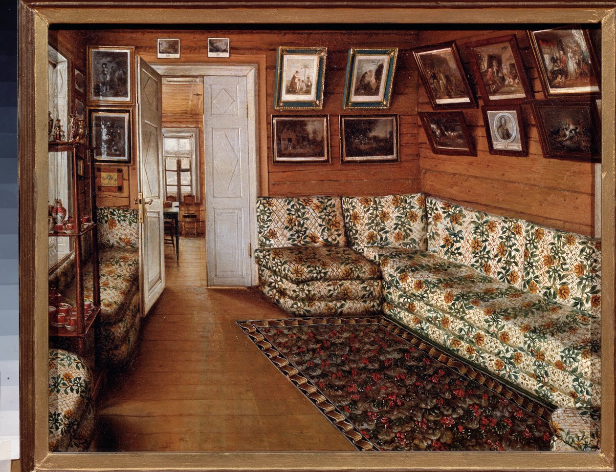 Přijímací místnost v panském domě - obraz Grigorije Vasiljeviče Soroky (1823-1863), olej na plátně - ruské umění 19. století - Státní muzeum historie a umění pod širým nebem, Pskov (Rusko) od Grigori Vasilievich Soroka