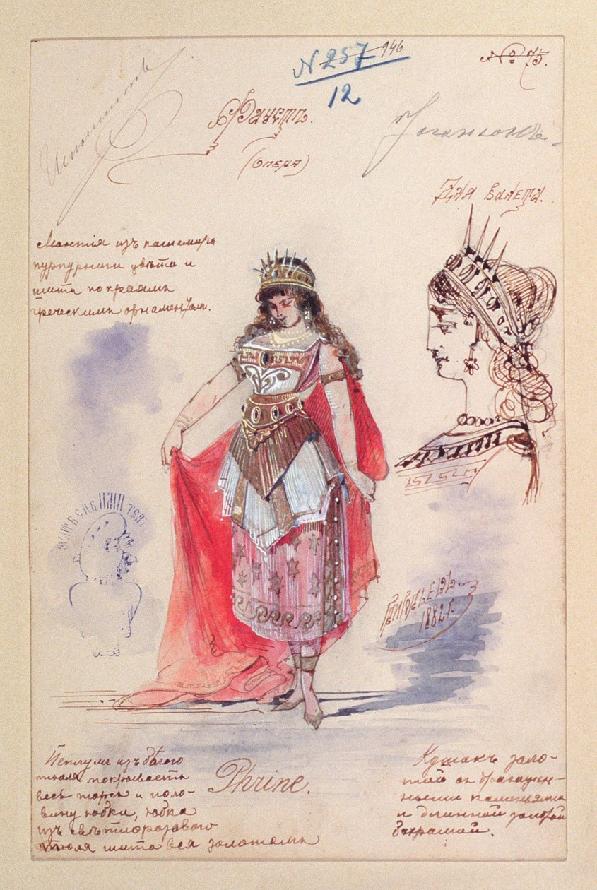 Kostýmní návrhy pro roli Phrinea v opeře „Faust“ od Charlese Gounoda (1818-93) 1882 (kvaš a pero na papíře) od Grigoriev