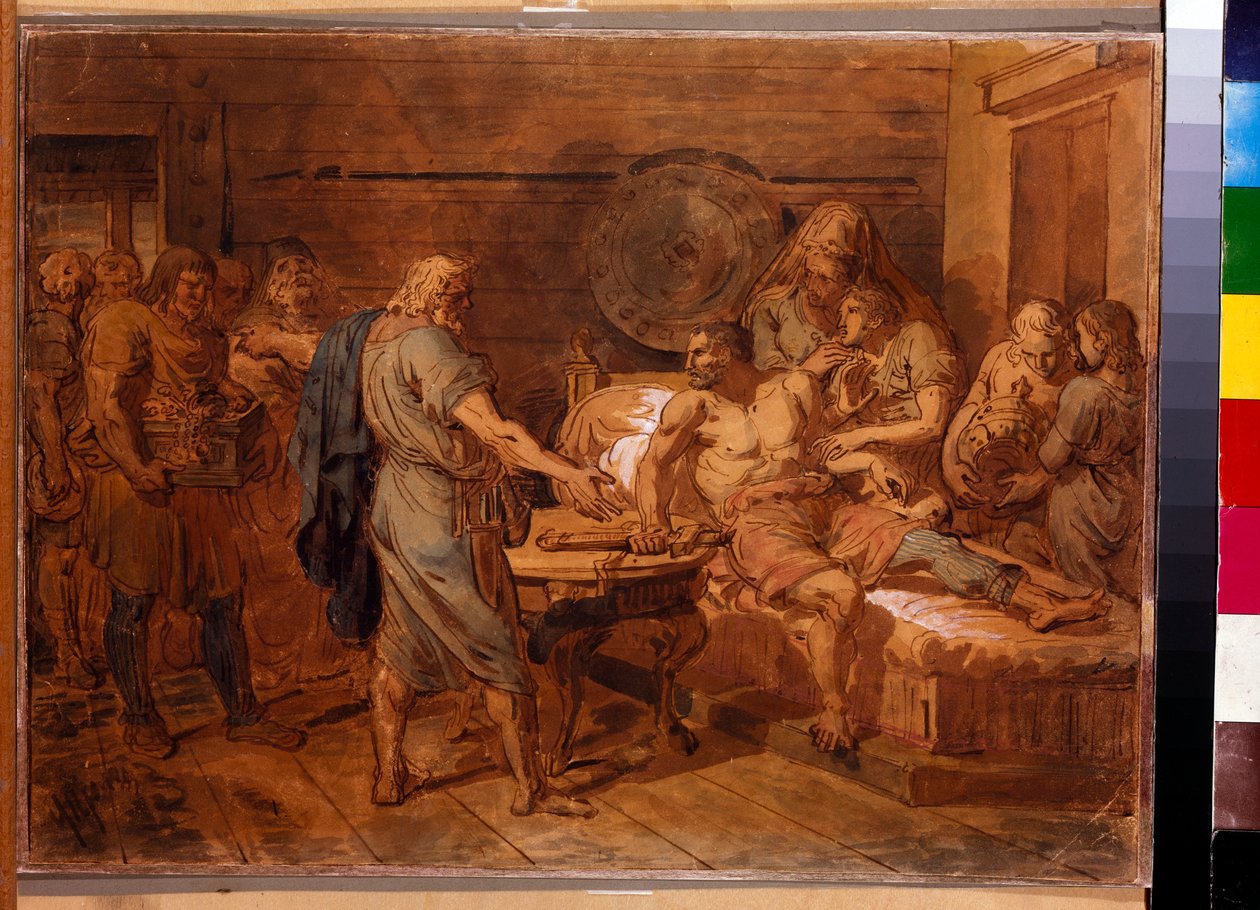Výzva Kuzmy Minina (zemřel 1616) u knížete Dmitrije Požarského (1577-1642) - Dílo Grigorije Ivanoviče Ugryumova (Ugrioumova) (1764-1823), akvarel a bílá na papíře, cca 1800 (31,6 x 42 cm min.) - (Kuzma Minin