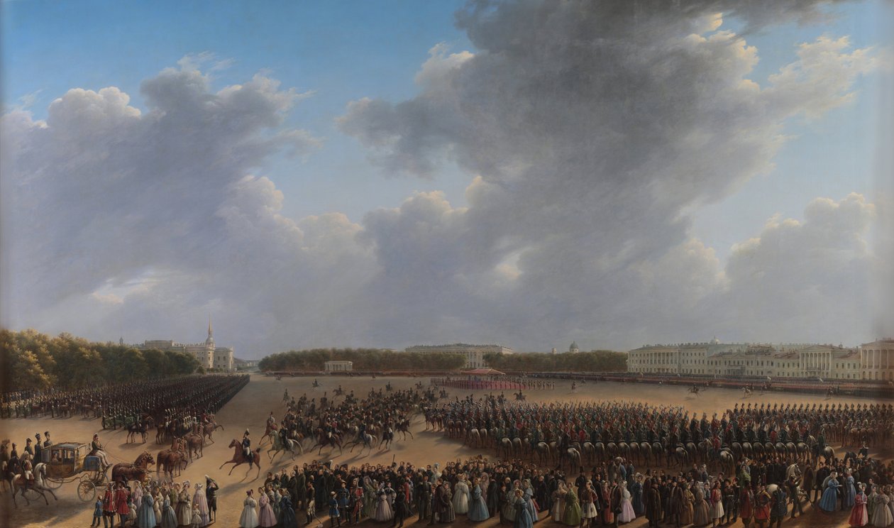 Přehlídka na oslavu konce vojenské akce v Polském království na Carické louce v Petrohradě dne 6. října 1831 od Grigory Chernetsov