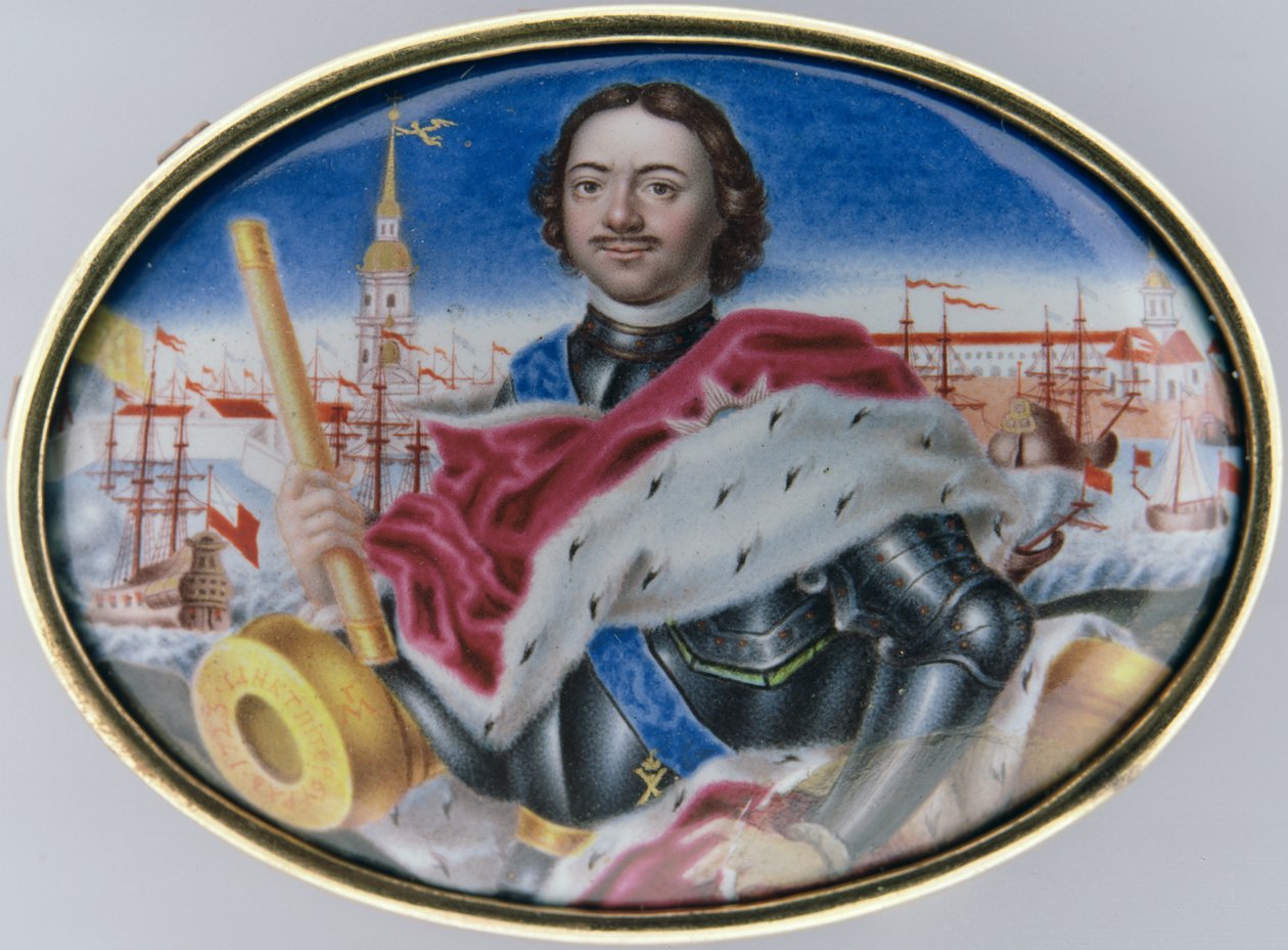 Portrét Petra I. (1672-1725) proti pevnosti sv. Petra a Pavla a náměstí Nejsvětější Trojice v Petrohradě, 1723 (smalt na zlatě) (viz 126084) od Grigory Semyonovich Musikiysky