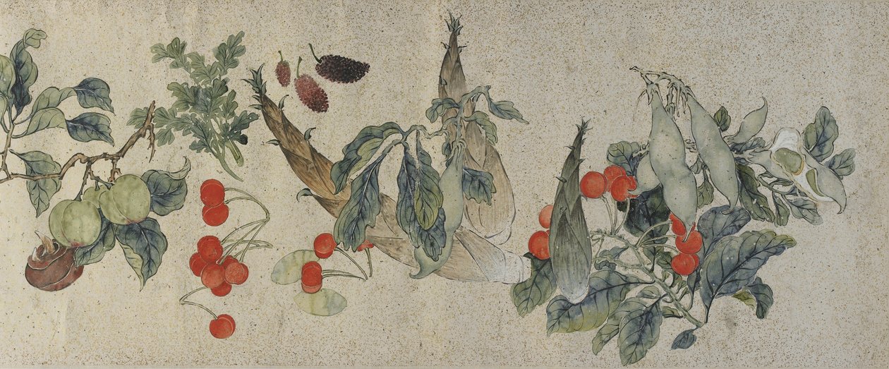 Zelenina a ovoce, dynastie Qing, 1828 (inkoust a barva na papíře se zlatými skvrnami) od Gu Luo