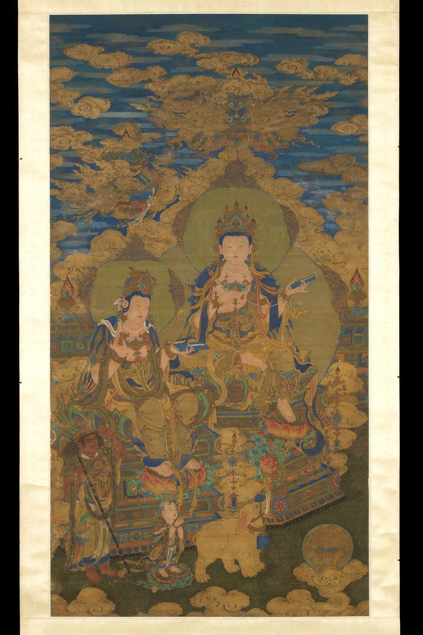 Dvě verze bódhisattvy Guanyin, cca 1750 (inkoust a barva na hedvábí) od Guanpeng (after) Ding