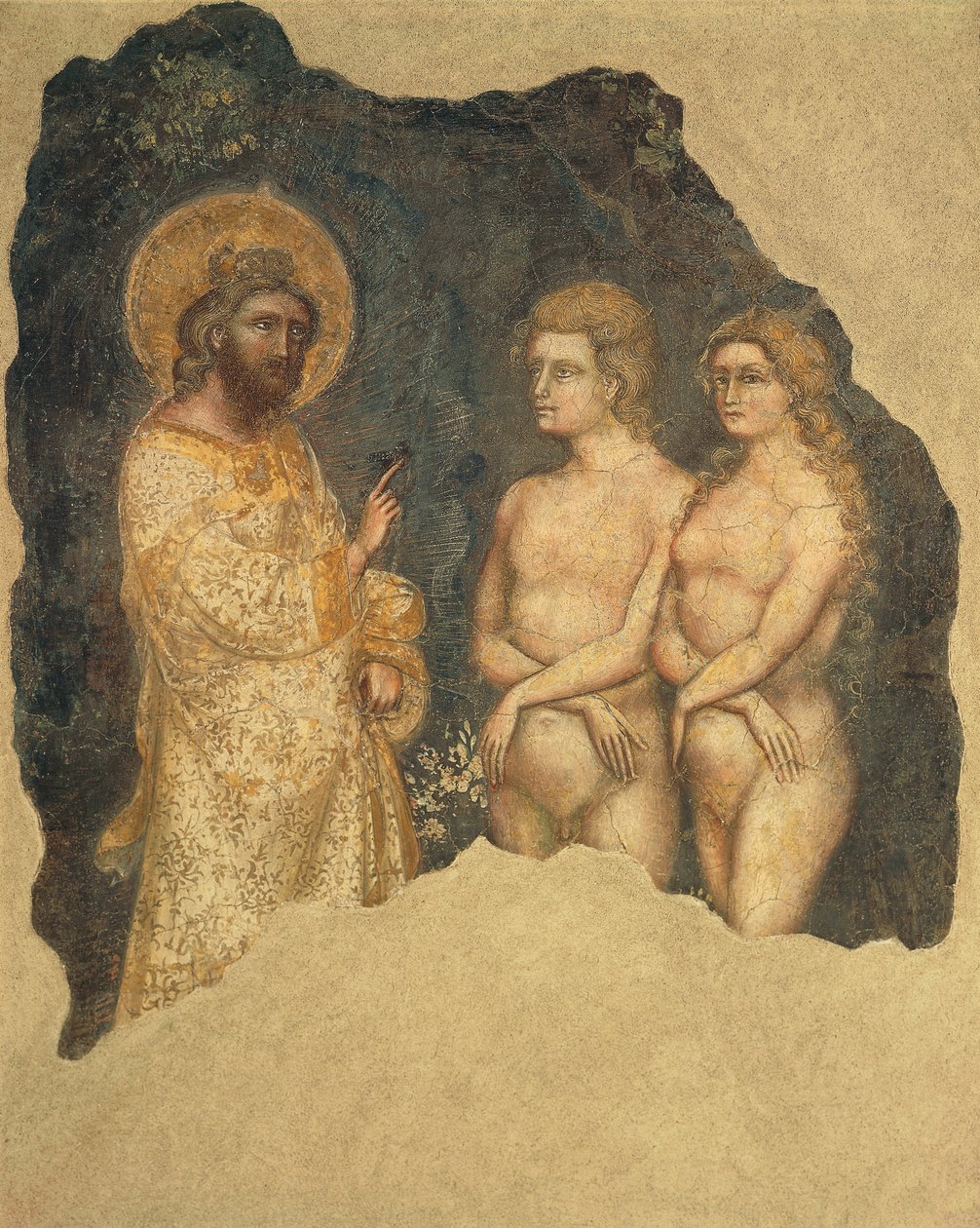 Adam a Eva před věčným, od Guarienta (aktivní od roku 1338, zemřel kolem roku 1367), freska, kaple Carrarese, Galilean Academy of Arts and Sciences, dříve Patavina, Padova, Itálie, kolem roku 1350 od Guariento di Arpo