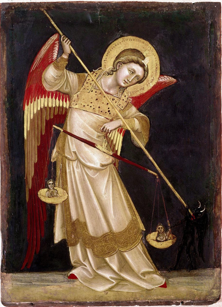 Anděl vážící duši na váze Dřevomalba od Guarienta di Arpo (1338-1370) Museo Civico ze 14. století, Padova od Guariento di Arpo