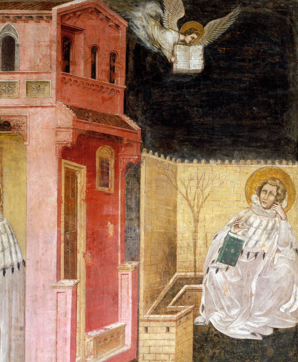 Zjevení anděla, detail z Vidění svatého Augustina, scéna z Příběhů svatého Filipa a svatého Augustina, od Guarienta (činný od roku 1338, zemřel cca 1367), freska, Kostel Eremitani (poustevníci), Padova, Veneto. Itálie od Guariento di Arpo